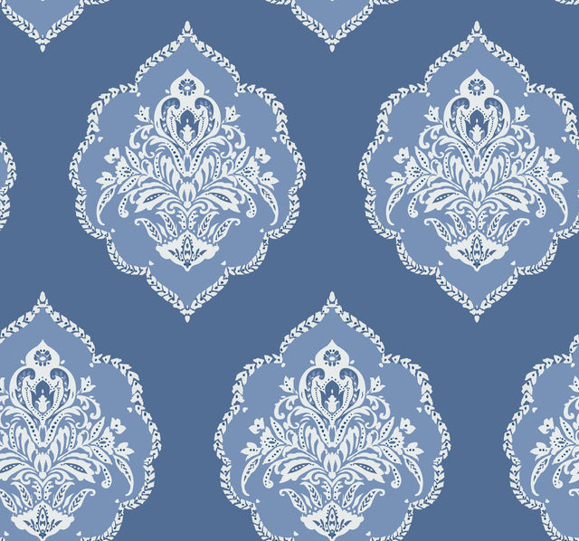 York Wallcoverings Signet Medallion Damask Blue Wallpaper