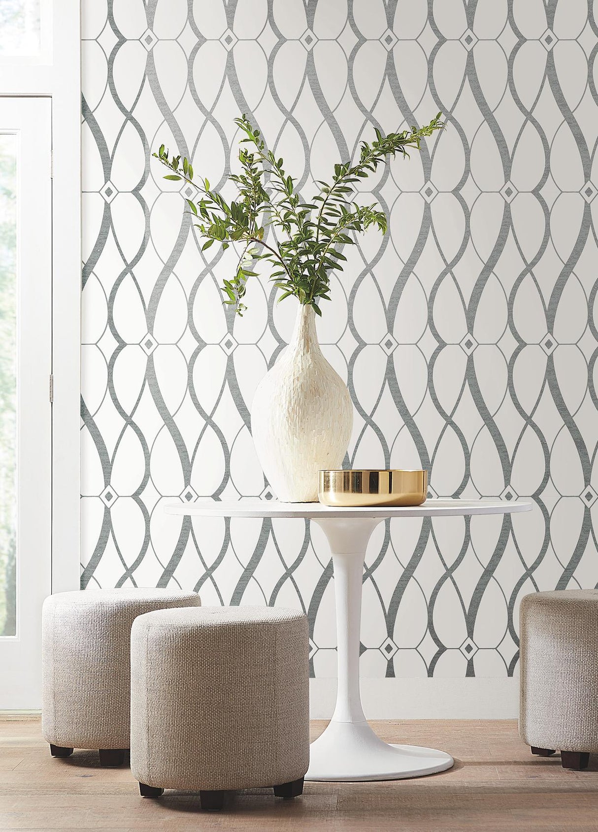 Antonina Vella Graceful Geo White & Silver Wallpaper