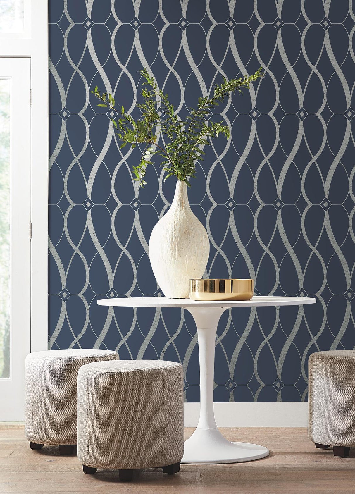 Antonina Vella Graceful Geo Navy & Silver Wallpaper