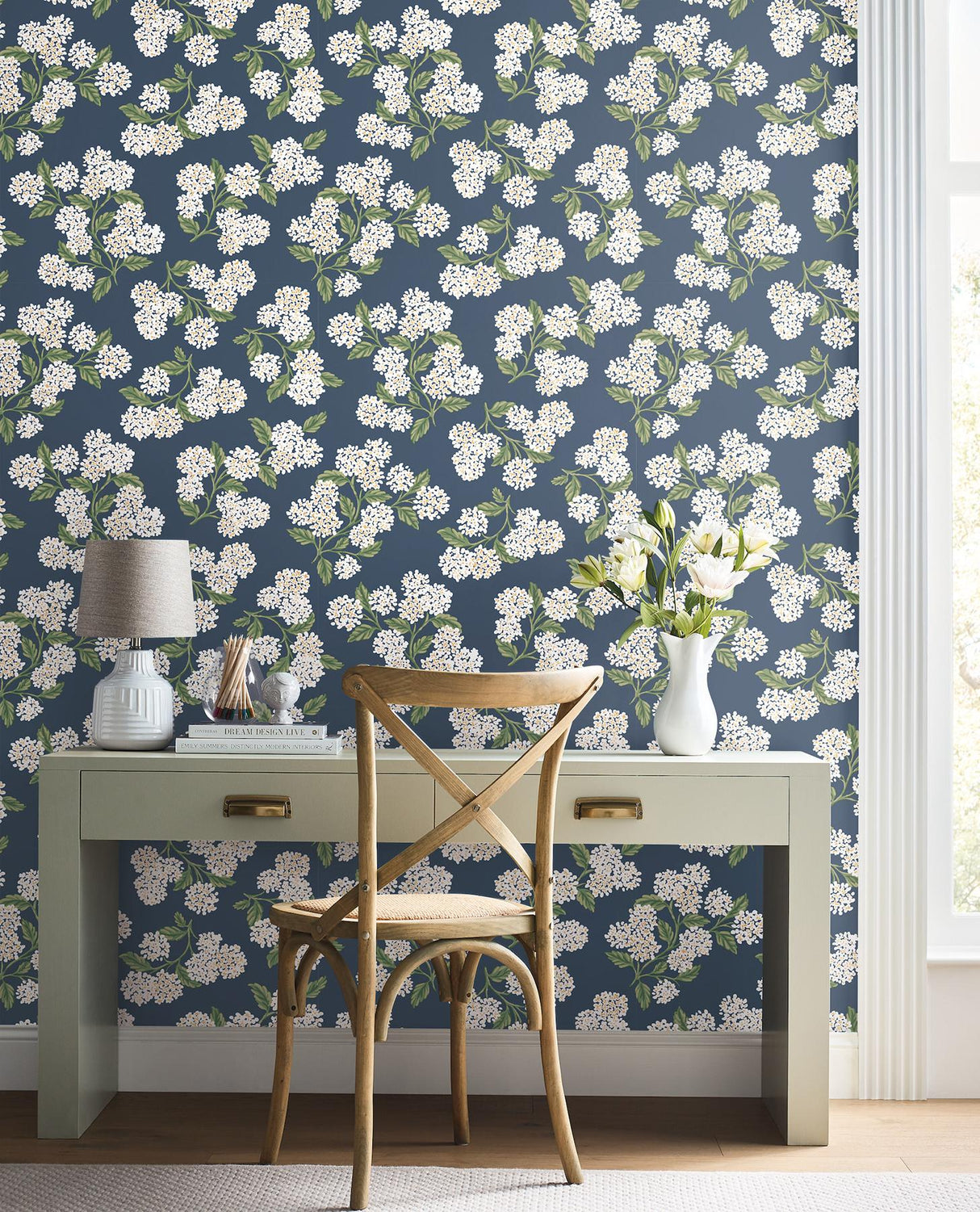Rifle Paper Co. Hydrangea Navy & White Peel & Stick Wallpaper
