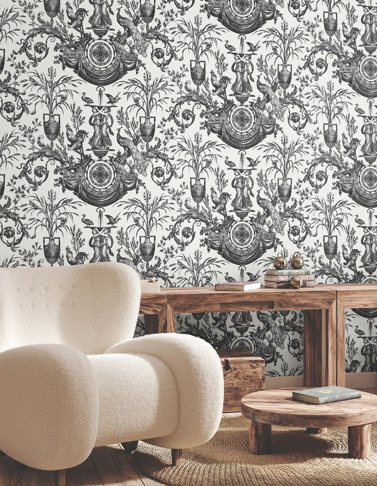 York Wallcoverings Avian Fountain Toile Black Wallpaper
