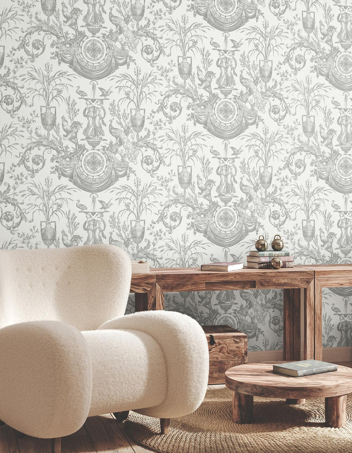 York Wallcoverings Avian Fountain Toile Grey Wallpaper