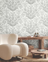 York Wallcoverings Avian Fountain Toile Grey Wallpaper
