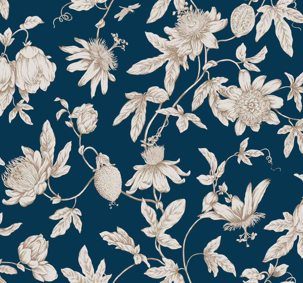 York Wallcoverings Passion Flower Toile Navy Wallpaper