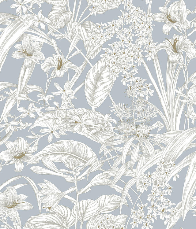 York Wallcoverings Orchid Conservatory Toile Blue & Taupe Wallpaper