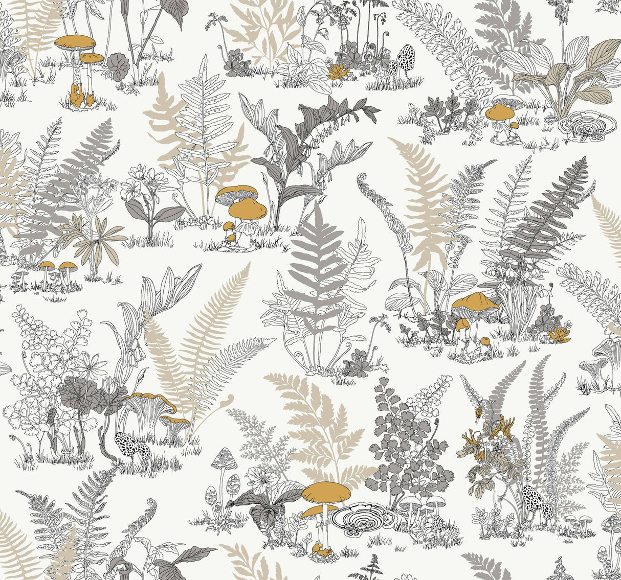 York Wallcoverings Mushroom Garden Toile Neutral & Gold Wallpaper