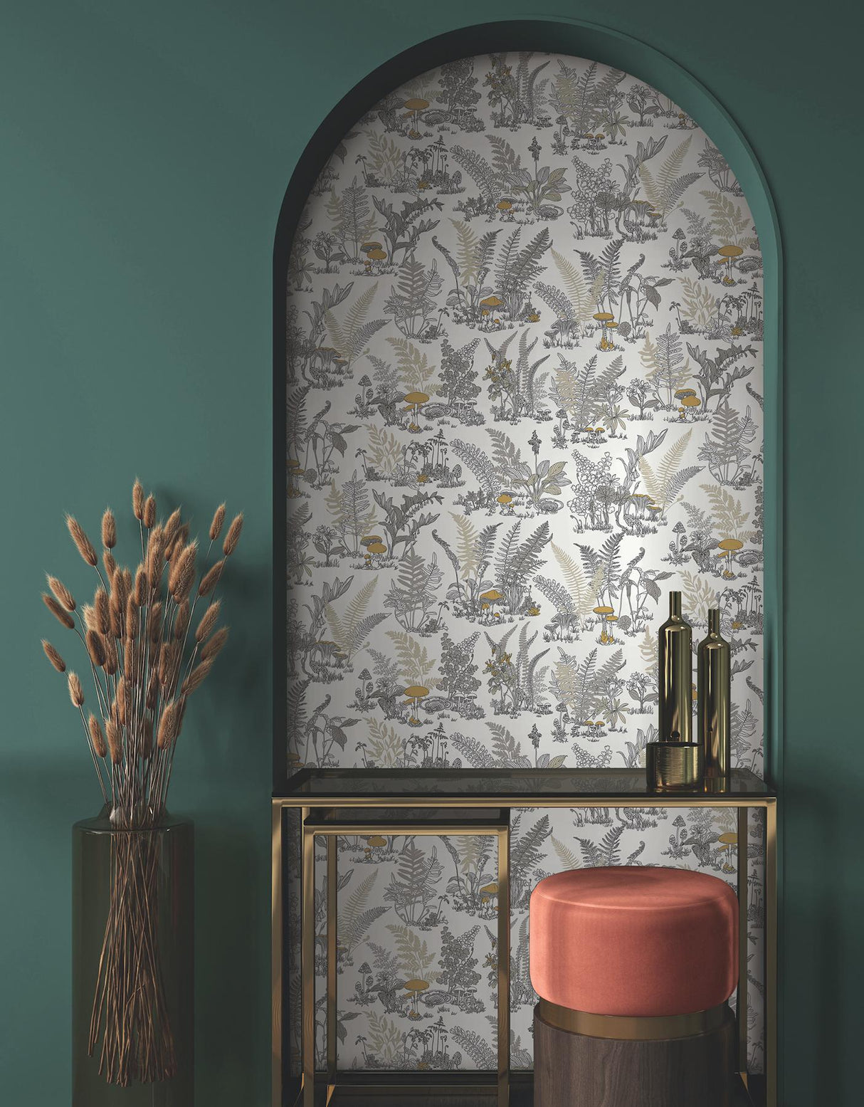 York Wallcoverings Mushroom Garden Toile Neutral & Gold Wallpaper