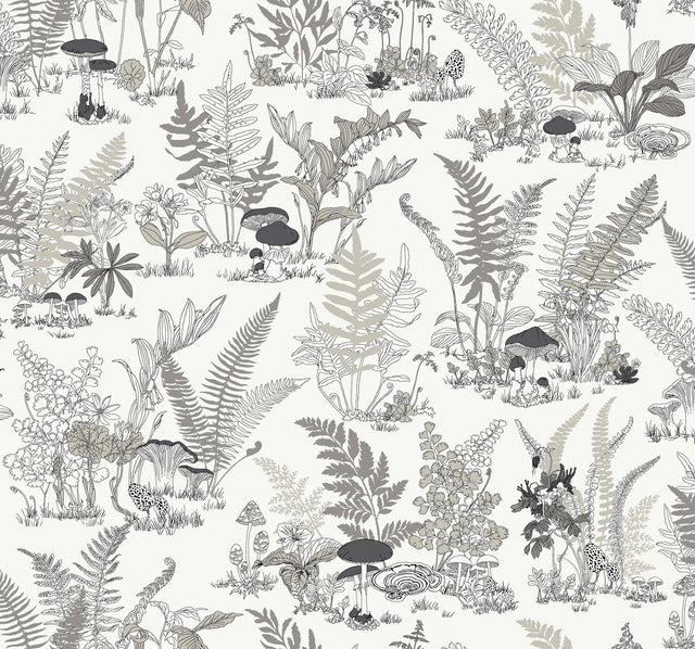 York Wallcoverings Mushroom Garden Toile Black & Grey Wallpaper