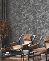York Wallcoverings Palm Cove Toile Silver & Black Wallpaper