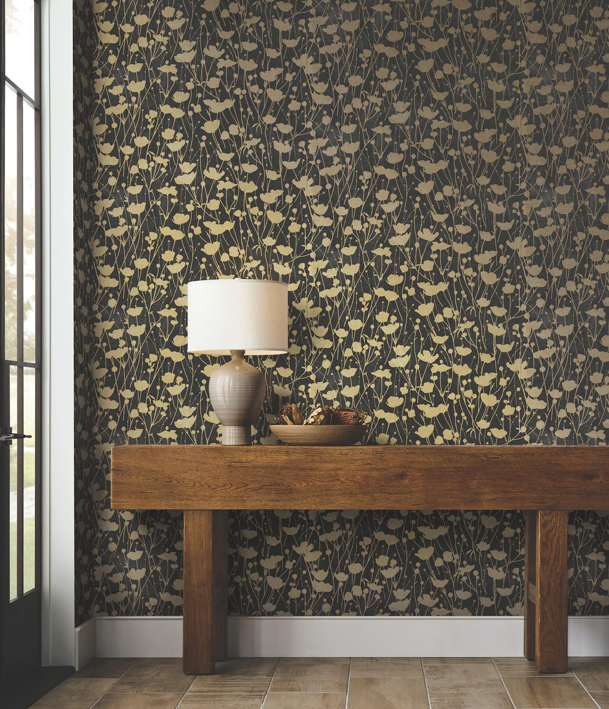 Ronald Redding Designs Shimmering Poppies Black & Gold Wallpaper