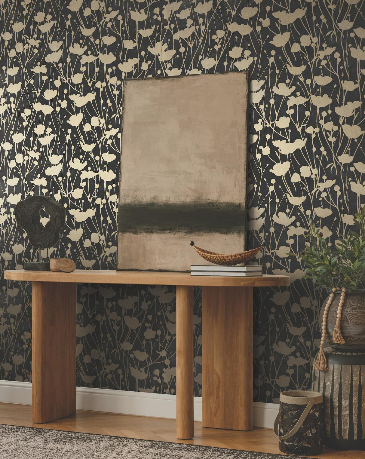 Ronald Redding Designs Shimmering Poppies Black & Gold Wallpaper