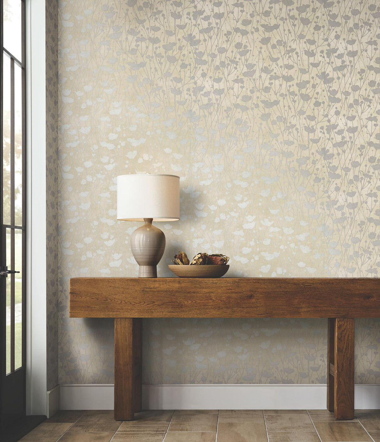 Ronald Redding Designs Shimmering Poppies Cream & Silver Wallpaper