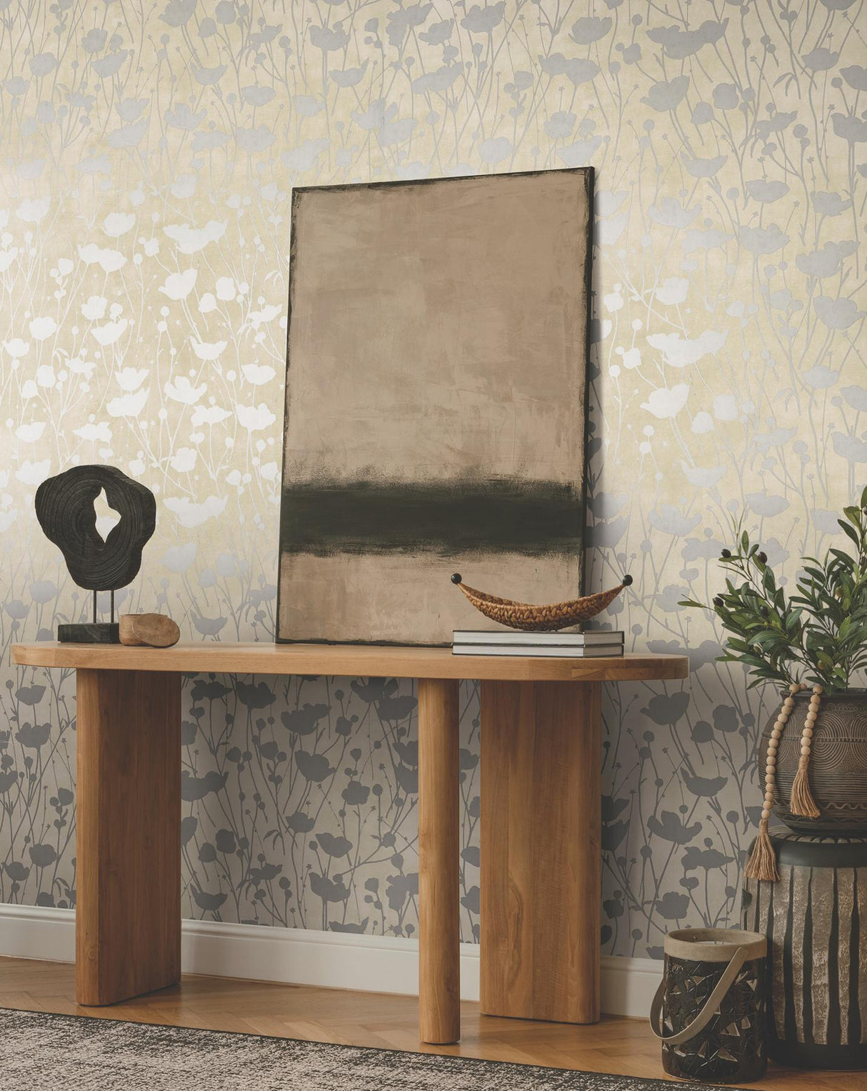 Ronald Redding Designs Shimmering Poppies Cream & Silver Wallpaper