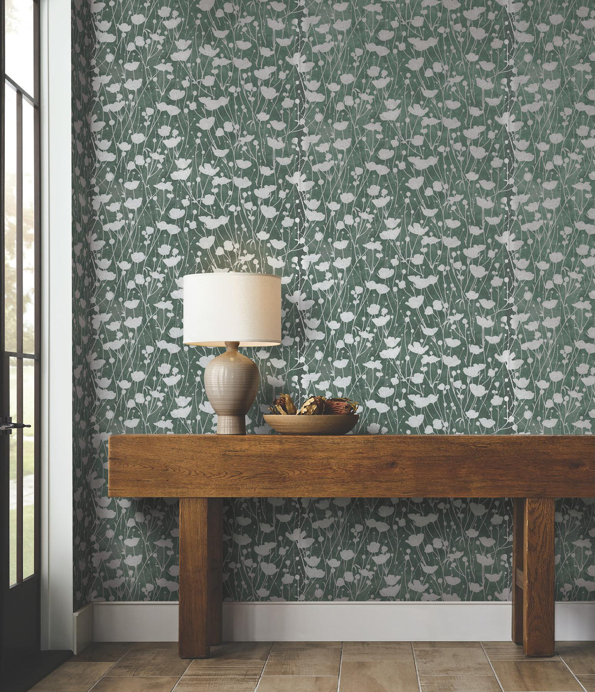 Ronald Redding Designs Shimmering Poppies Green & Silver Wallpaper