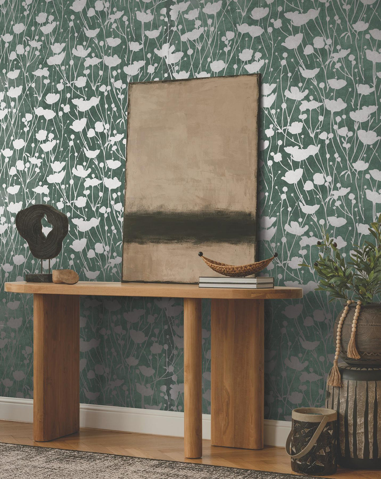 Ronald Redding Designs Shimmering Poppies Green & Silver Wallpaper
