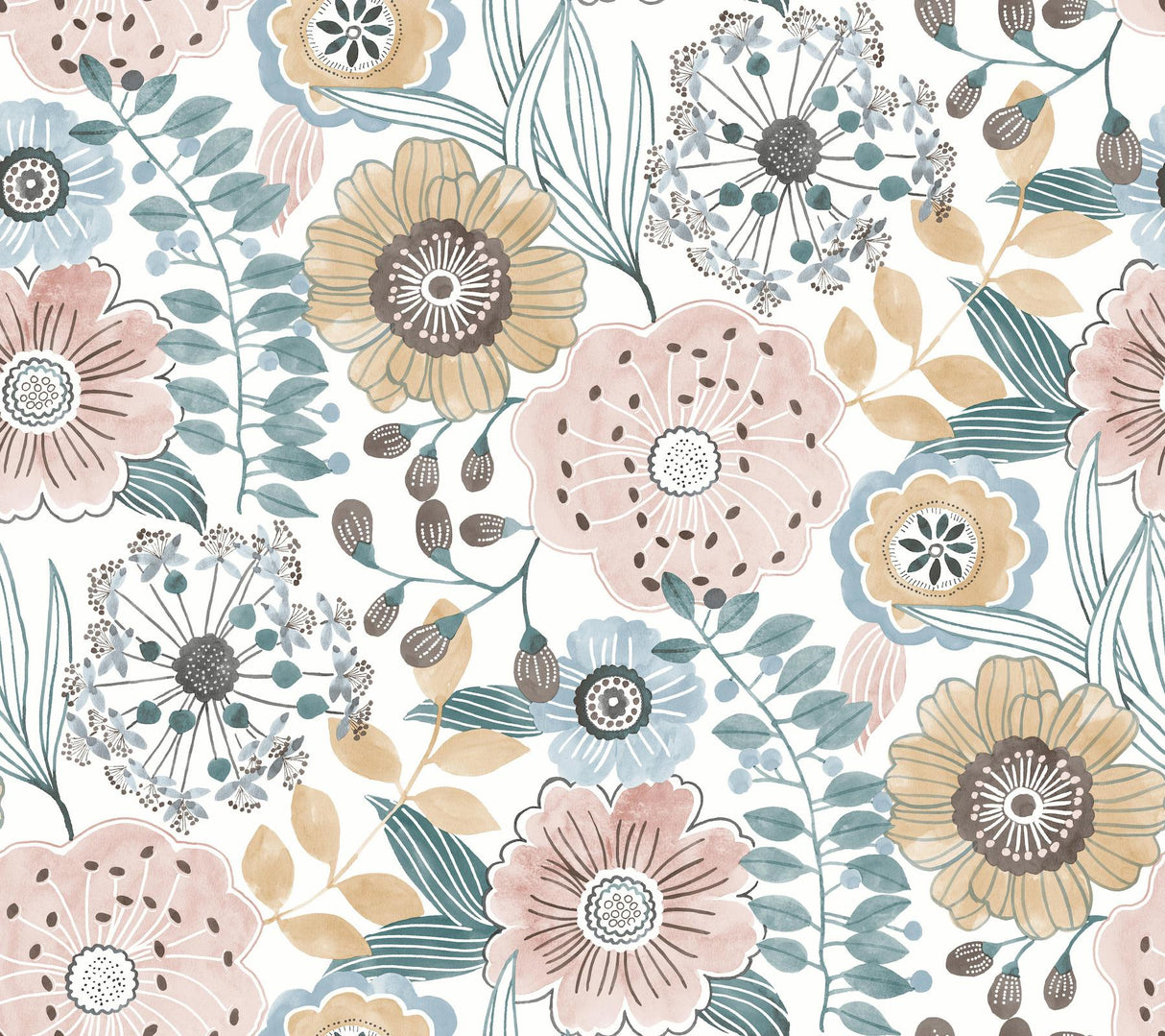 York Wallcoverings Artistic Bouquet Ochre & Ocean Wallpaper