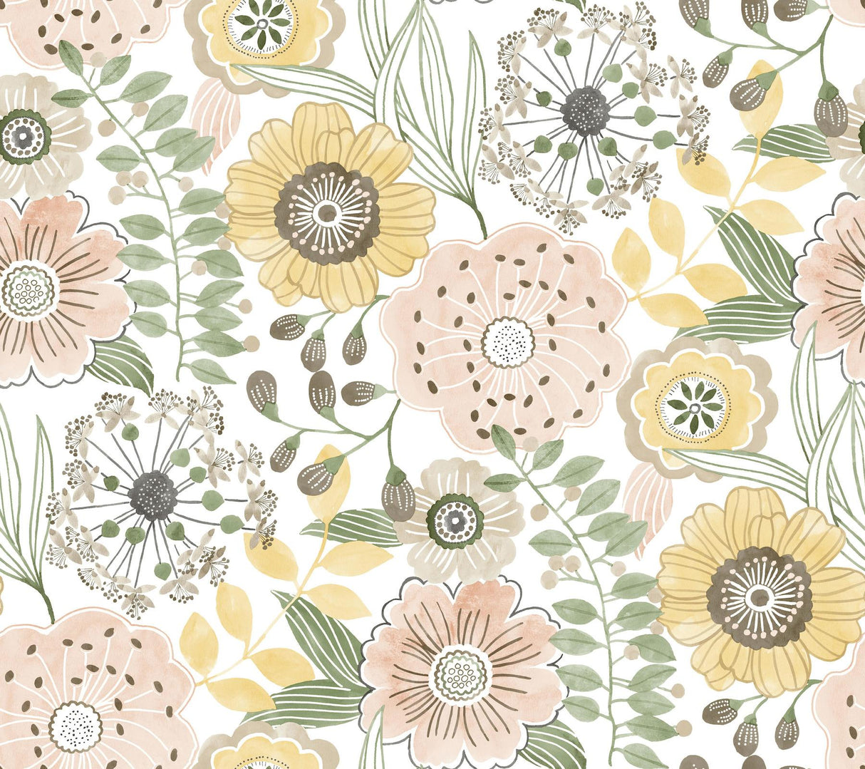 York Wallcoverings Artistic Bouquet Coral & Lemon Wallpaper