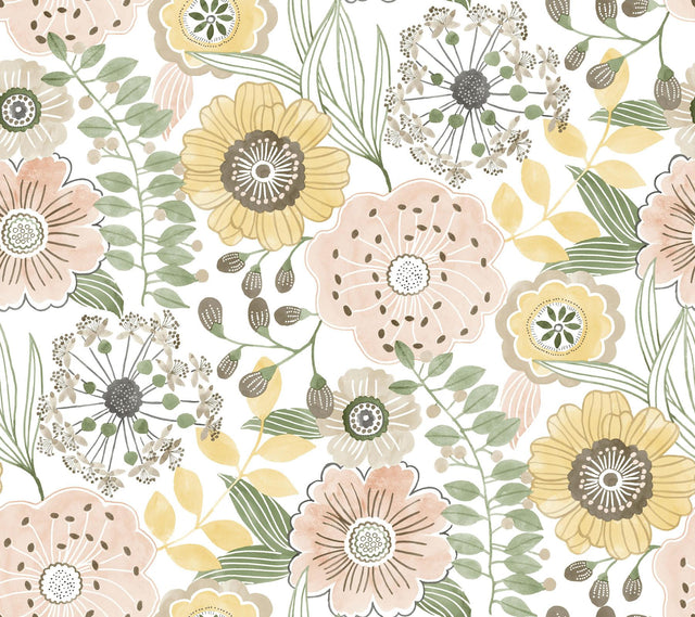York Wallcoverings Artistic Bouquet Coral & Lemon Wallpaper