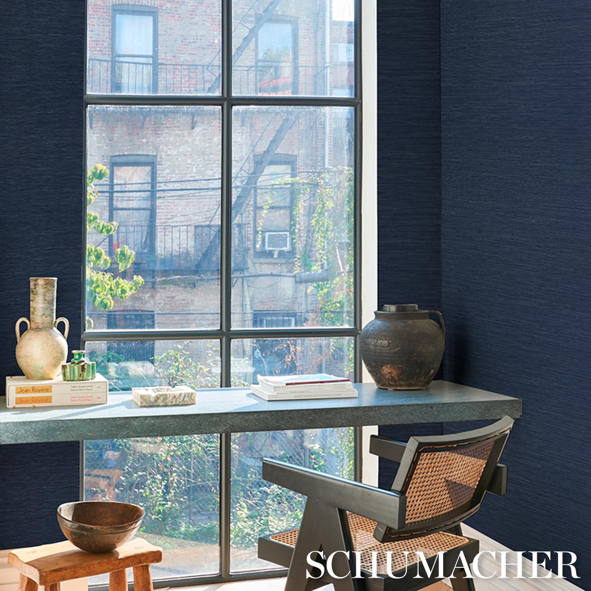 Schumacher Horizon Grasscloth Vinyl Indigo Wallpaper