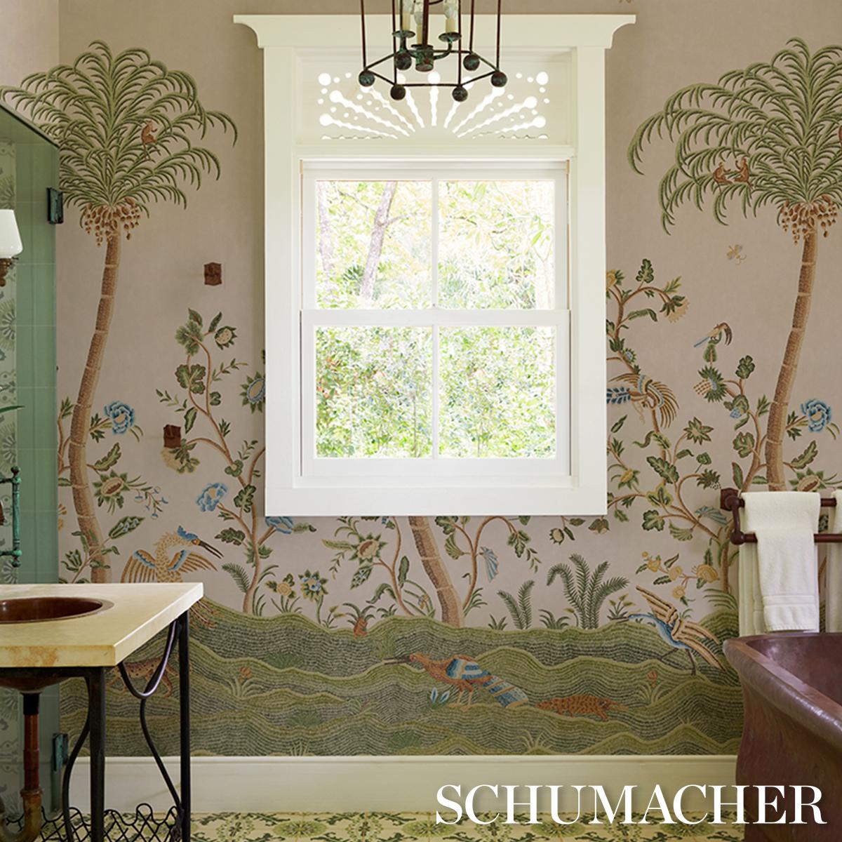 Schumacher Spotswood Crewel 2 Panel Set Sage Wallpaper