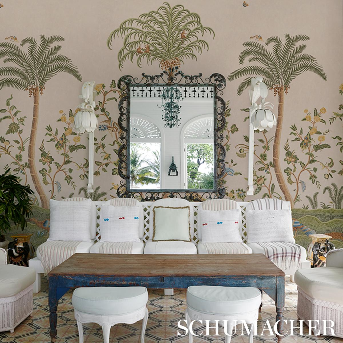 Schumacher Spotswood Crewel 2 Panel Set Sage Wallpaper