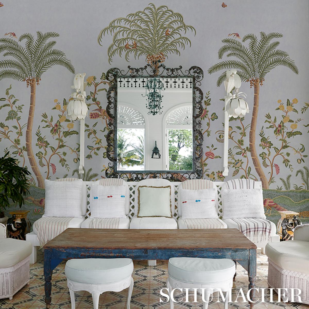 Schumacher Spotswood Crewel 2 Panel Set Sky Wallpaper