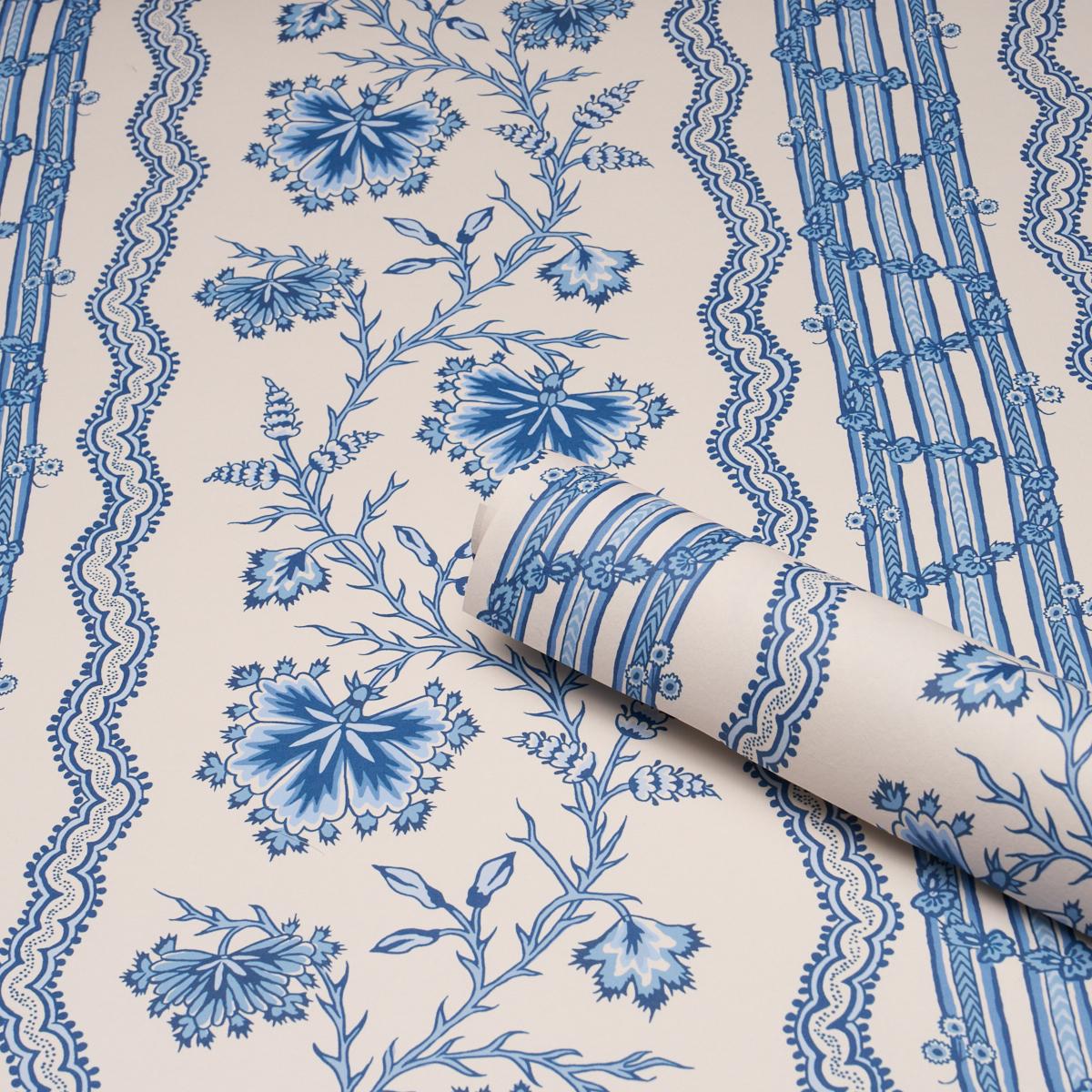 Schumacher Parvati Floral Stripe Delft Wallpaper