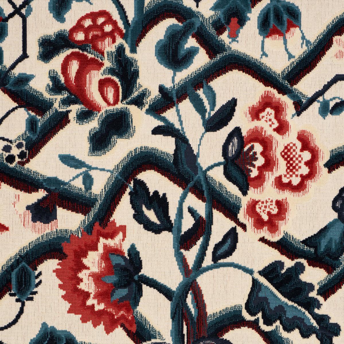 Schumacher Jacobean Garden Velvet Cinnabar & Peacock Fabric