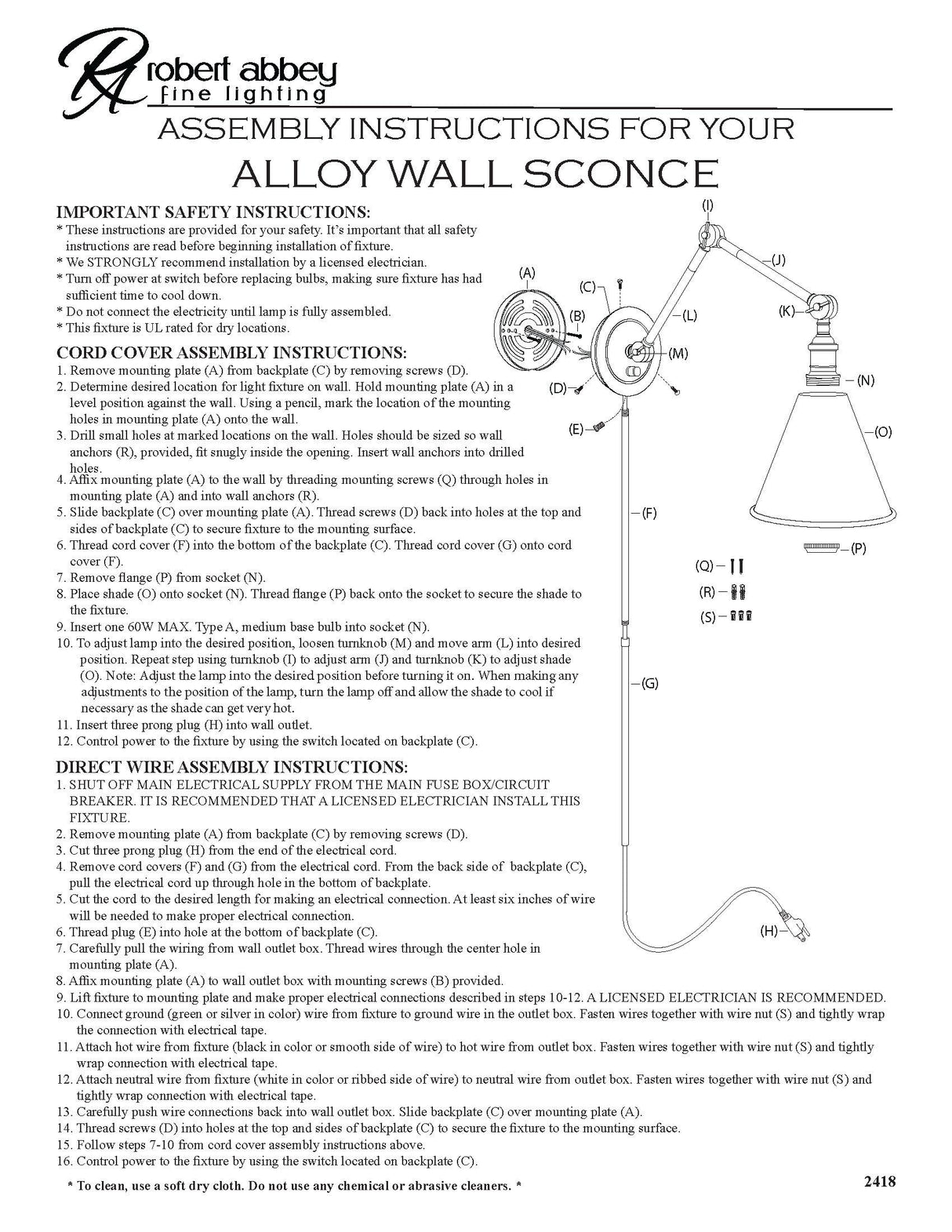 Robert Abbey (2418G) 7.5" x 7.25" ALLOY WALL SCONCE