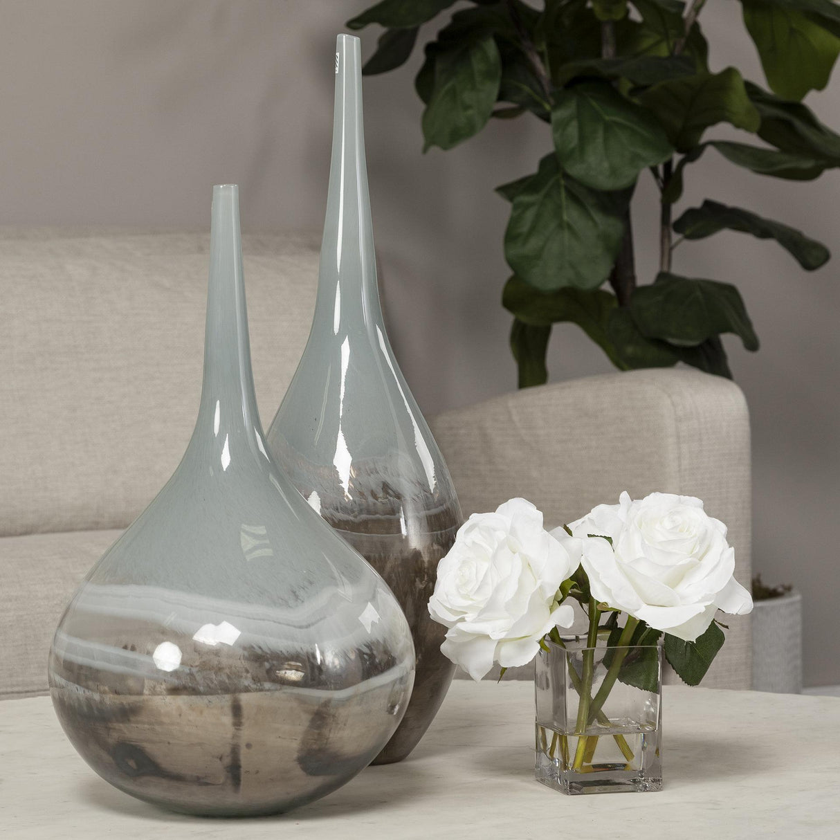 Mercana Erie I Short Two Toned Sky Blue Dark Brown Blown Glass Vase
