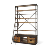 Mercana Brodie II Medium Brown Wood Black Ladder Four Shelf Shelving Unit 57L x 20.5W x94H