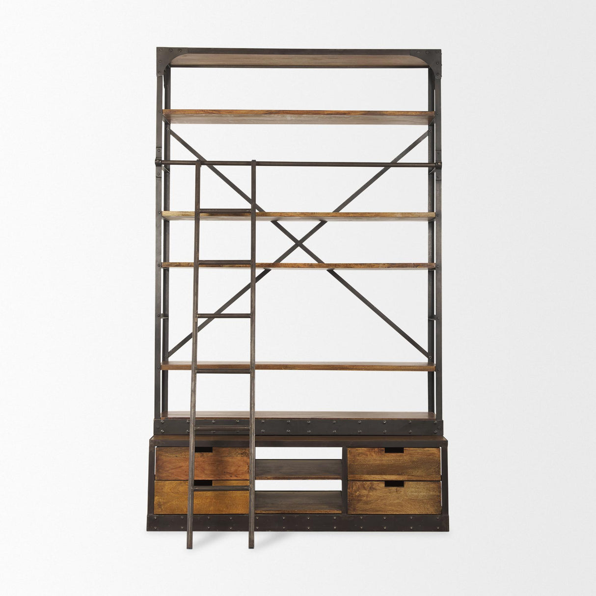 Mercana Brodie II Medium Brown Wood Black Ladder Four Shelf Shelving Unit 57L x 20.5W x94H