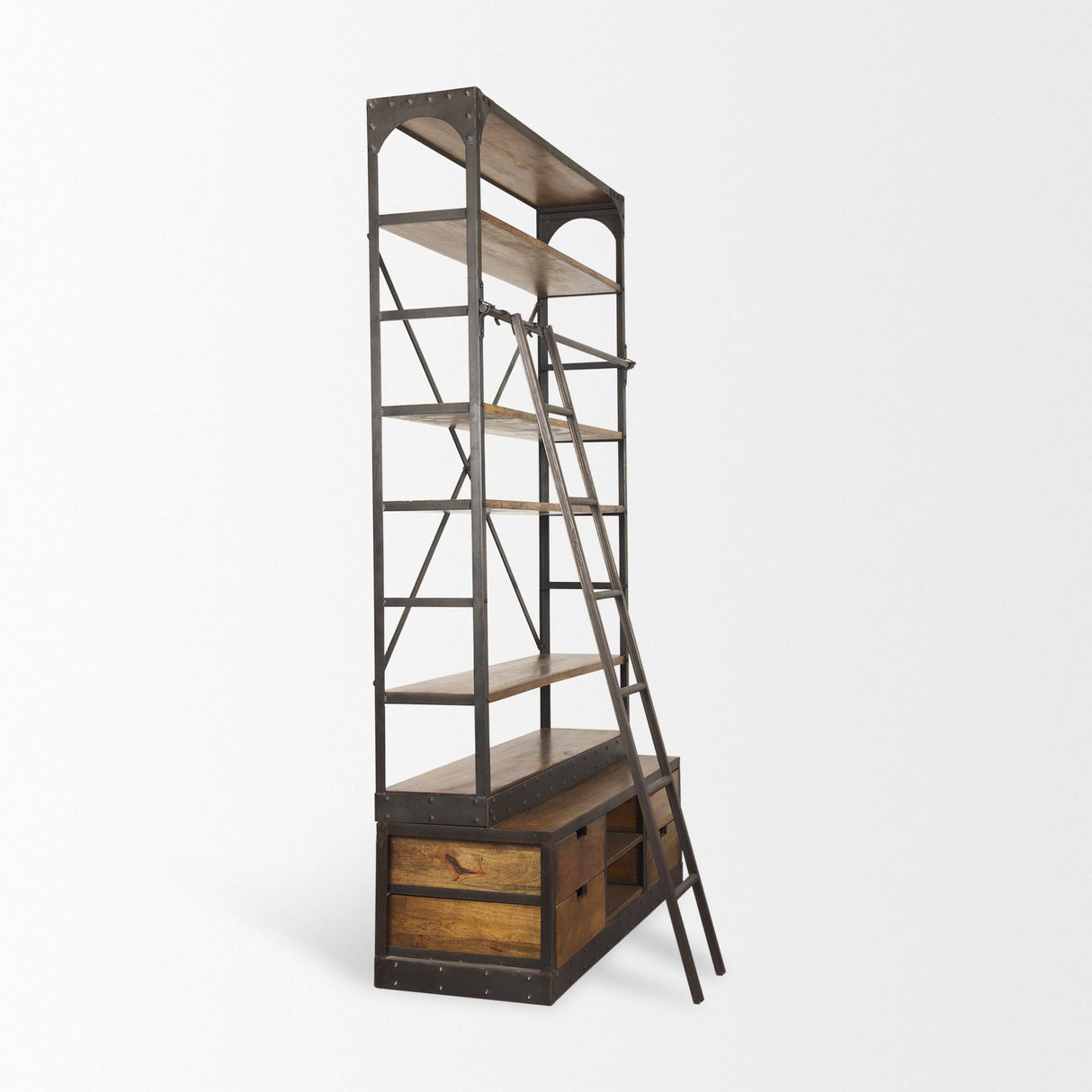 Mercana Brodie II Medium Brown Wood Black Ladder Four Shelf Shelving Unit 57L x 20.5W x94H