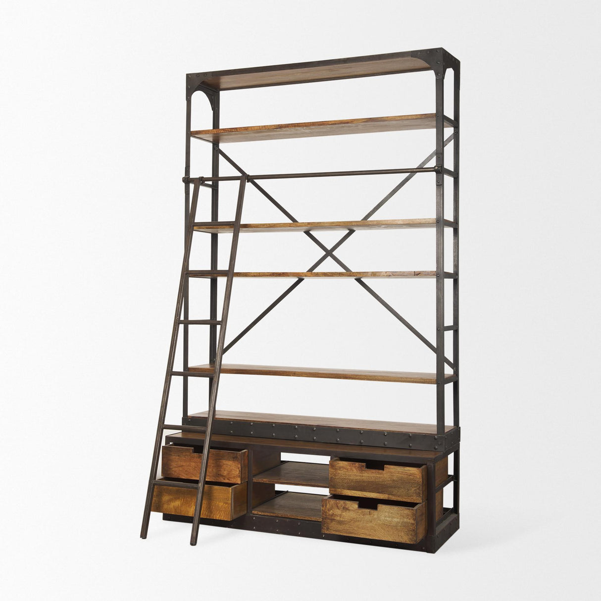 Mercana Brodie II Medium Brown Wood Black Ladder Four Shelf Shelving Unit 57L x 20.5W x94H