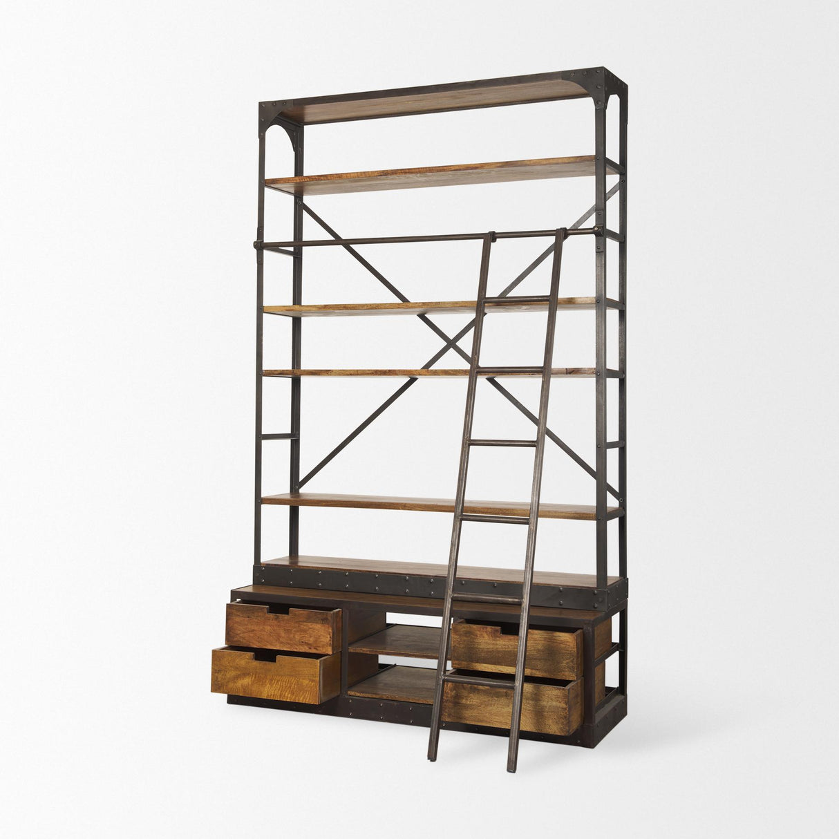 Mercana Brodie II Medium Brown Wood Black Ladder Four Shelf Shelving Unit 57L x 20.5W x94H