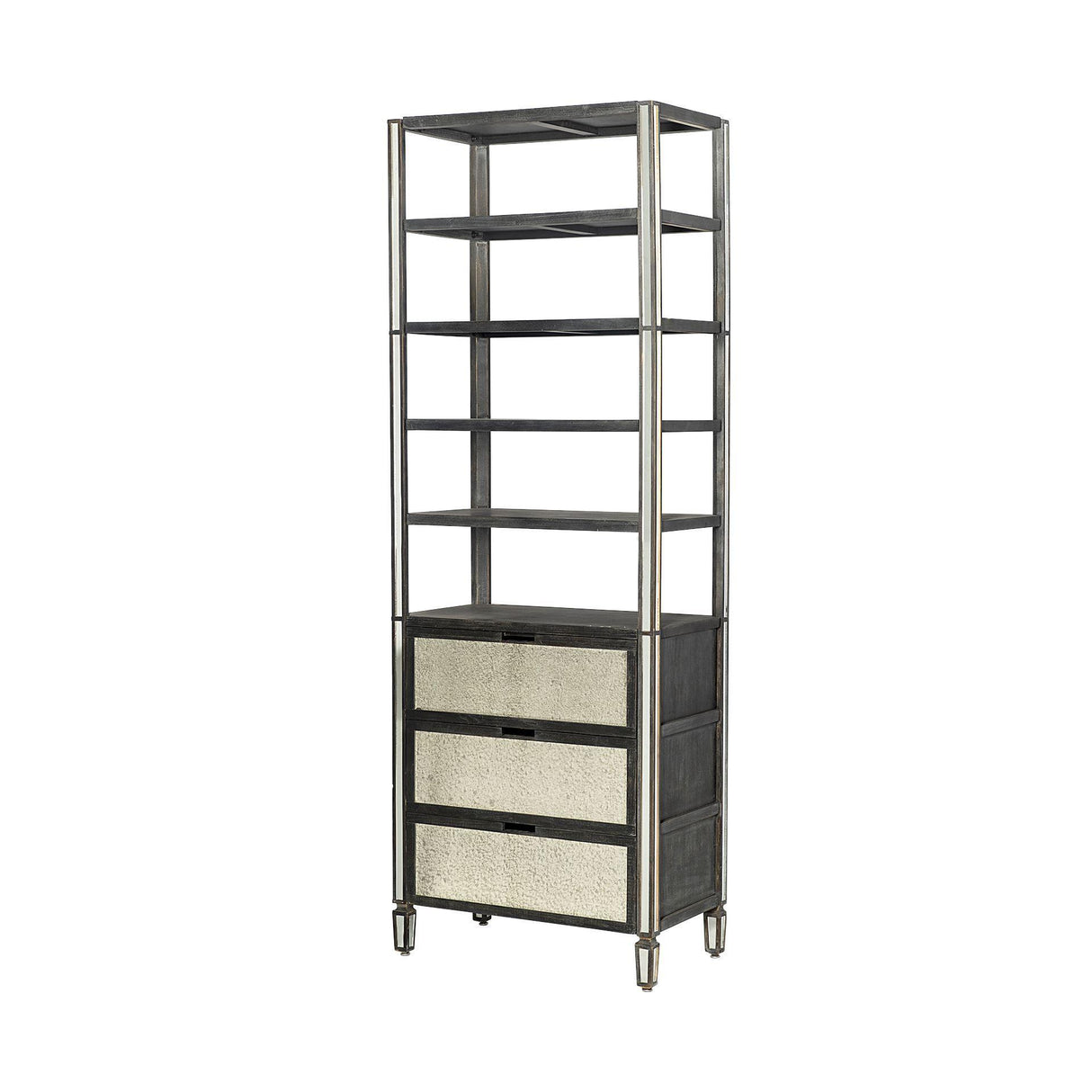 Mercana Sunnyvale 32L x 18W x 90H Dark Brown Solid Wood and Mirrored Glass Four Shelf Shelving Unit