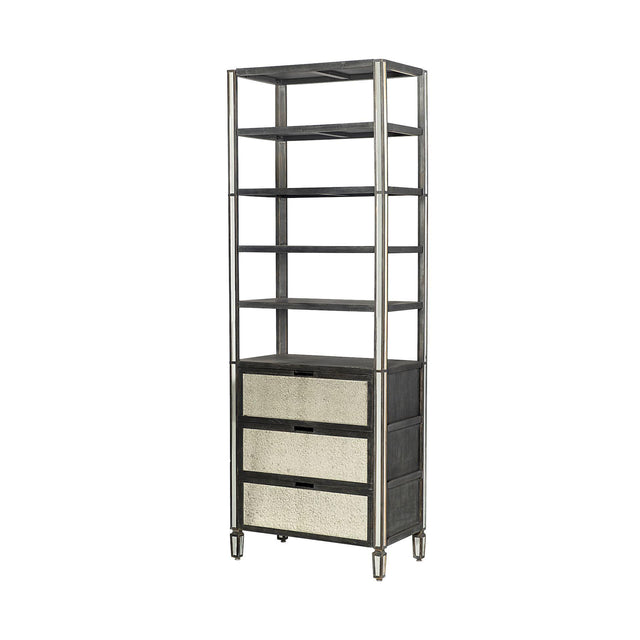 Mercana Sunnyvale 32L x 18W x 90H Dark Brown Solid Wood and Mirrored Glass Four Shelf Shelving Unit
