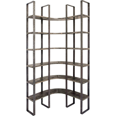 Mercana Turner I 37L x 10.5W x 90H Curved Brown Wood and Black Iron Six Shelving Unit