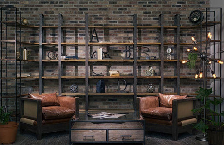 Mercana Turner I 37L x 10.5W x 90H Curved Brown Wood and Black Iron Six Shelving Unit