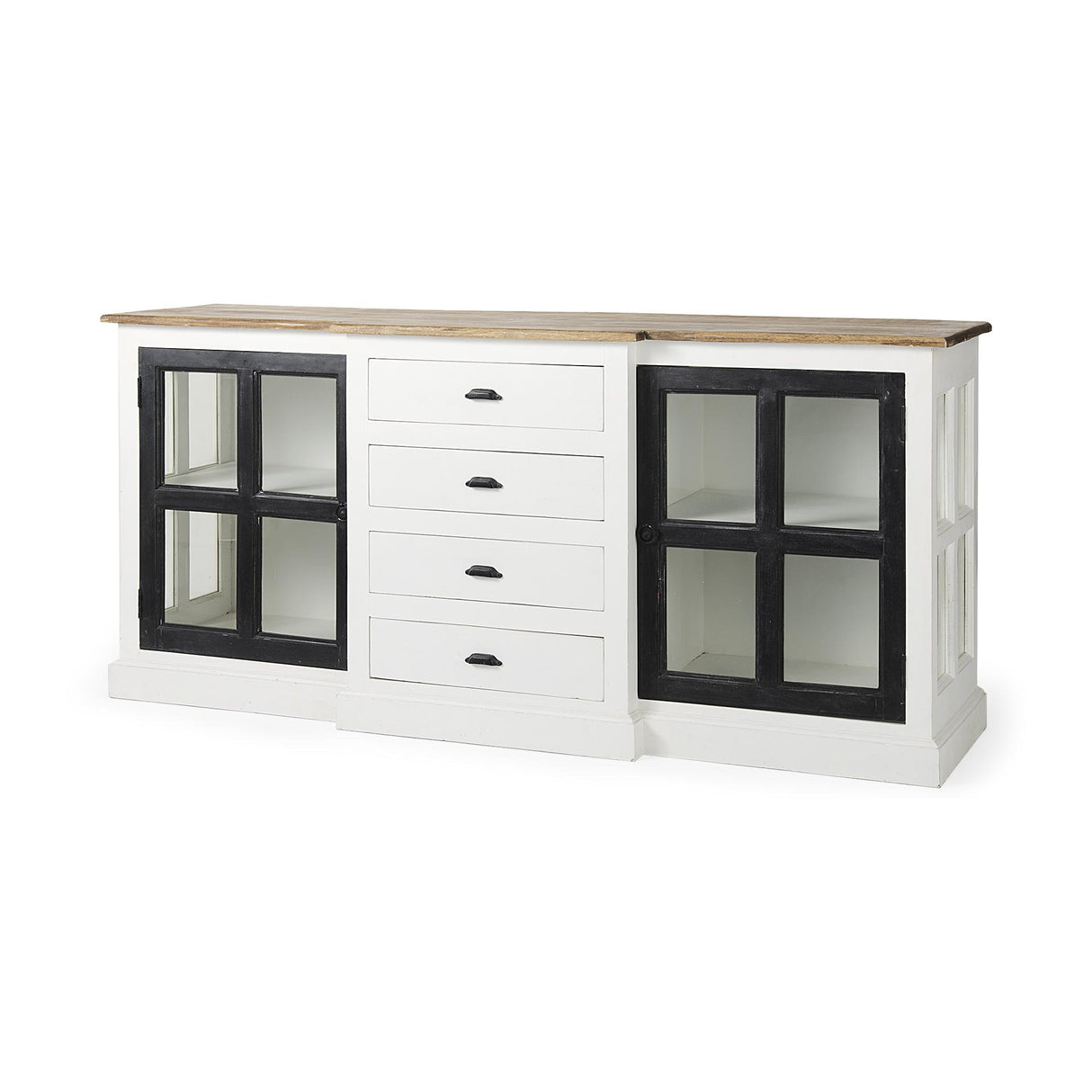 Mercana Bourchier 75x21 White/Black Solid Wood Frame Brown Top 4 Drawer 2 Glass Cabinet Buffet