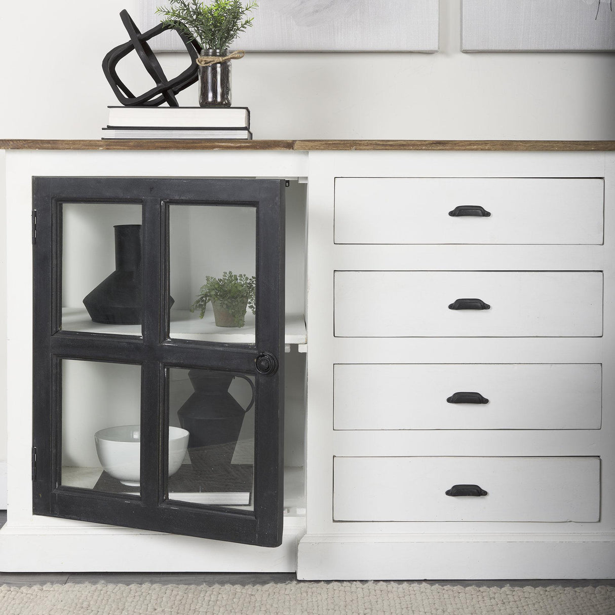 Mercana Bourchier 75x21 White/Black Solid Wood Frame Brown Top 4 Drawer 2 Glass Cabinet Buffet