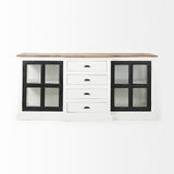 Mercana Bourchier 75x21 White/Black Solid Wood Frame Brown Top 4 Drawer 2 Glass Cabinet Buffet