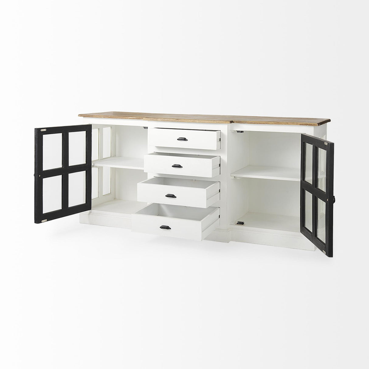 Mercana Bourchier 75x21 White/Black Solid Wood Frame Brown Top 4 Drawer 2 Glass Cabinet Buffet