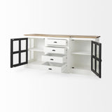 Mercana Bourchier 75x21 White/Black Solid Wood Frame Brown Top 4 Drawer 2 Glass Cabinet Buffet