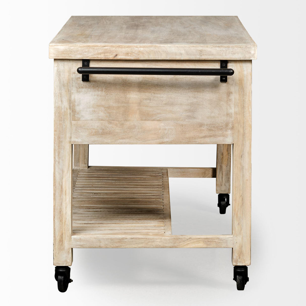 Mercana Columbia 62L x 28W x 36H I Light Brown Body w/ Black Iron Knobs Rolling Kitchen Island