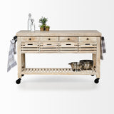 Mercana Columbia 62L x 28W x 36H I Light Brown Body w/ Black Iron Knobs Rolling Kitchen Island