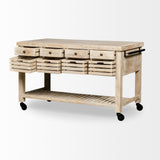 Mercana Columbia 62L x 28W x 36H I Light Brown Body w/ Black Iron Knobs Rolling Kitchen Island