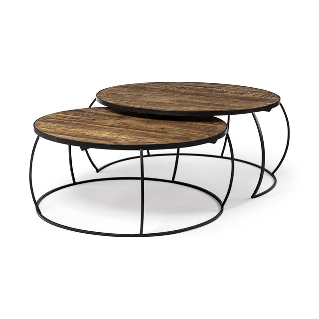 Mercana Clapp I Set of 2 (41" & 38") Round Brown Wood Top Black Iron Base Nesting Coffee Tables