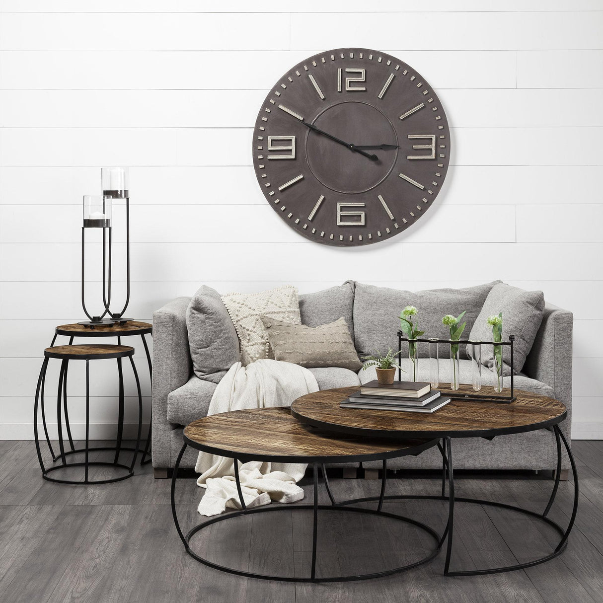 Mercana Clapp I Set of 2 (41" & 38") Round Brown Wood Top Black Iron Base Nesting Coffee Tables