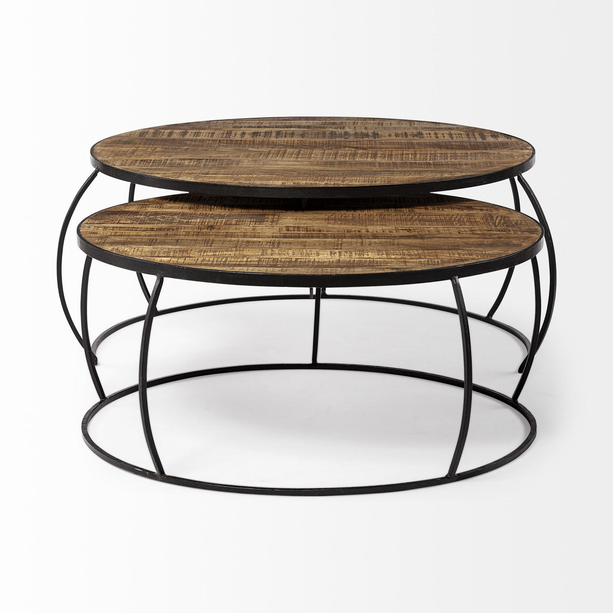 Mercana Clapp I Set of 2 (41" & 38") Round Brown Wood Top Black Iron Base Nesting Coffee Tables